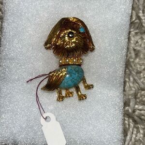 Adorable Gold Wire Turquoise Pearl Dog Brooch Pin